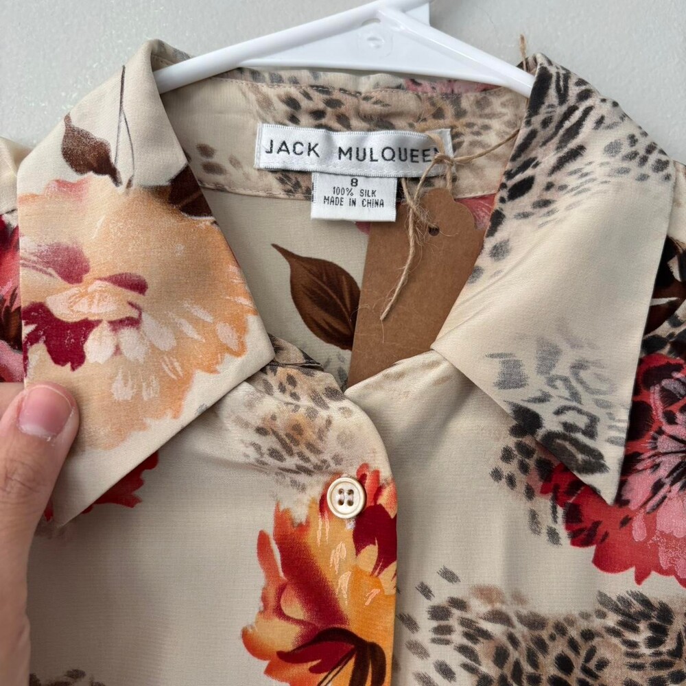 Vintage Cottagecore Silk Beige Prairie Fairy Floral Red ButtonUp Boho Top Medium - Picture 3 of 8